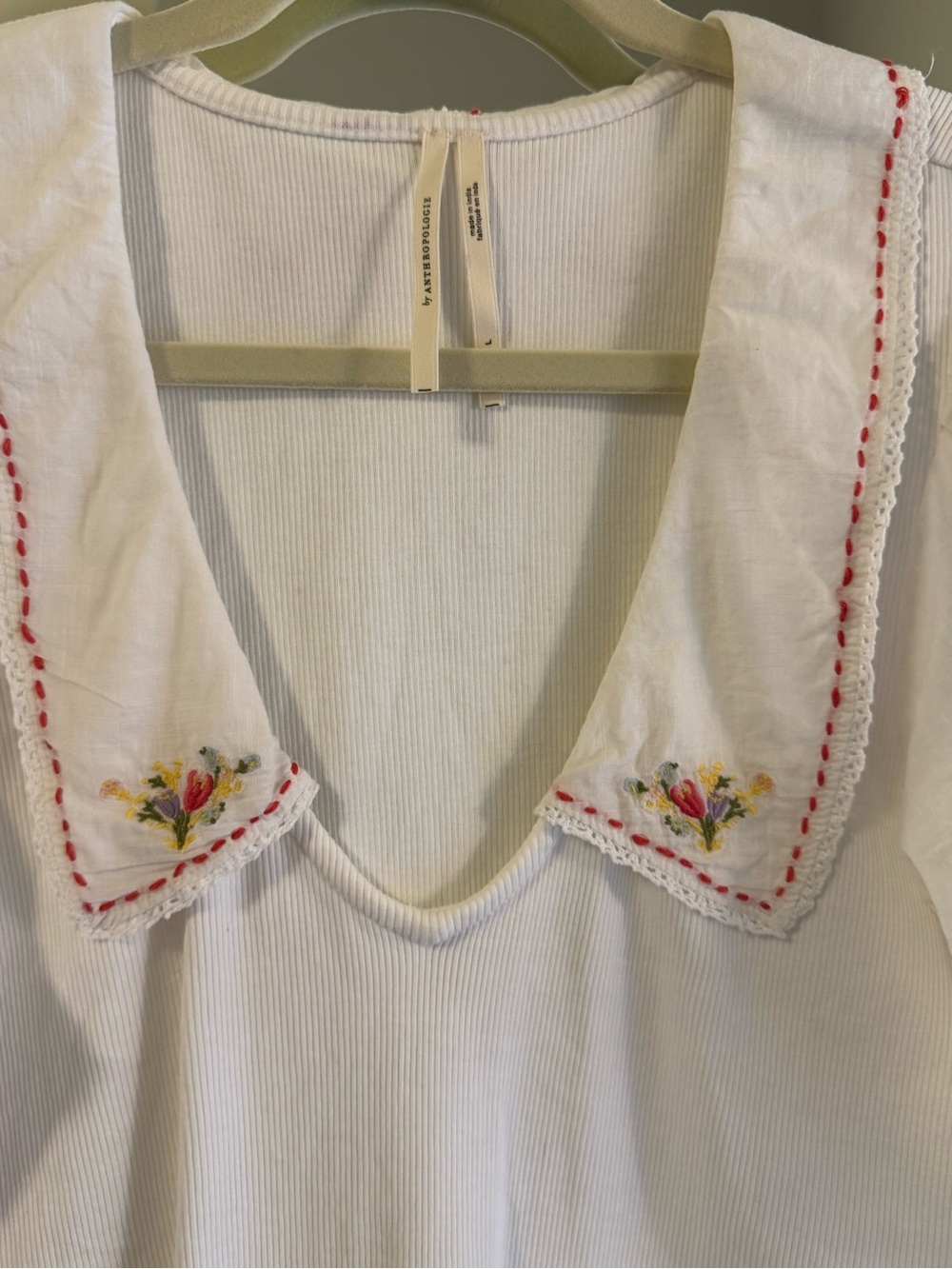 Anthropologie White Ribbed Tank with Embroidered Detachable Collar